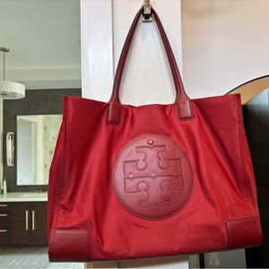 Tory Burch Red Nylon Logo Tote with Leather Trim